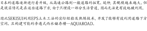 日本的道路逐渐进行着升级，从高速公路到一般道路的拓宽、延伸，其规模越来越大。但是现实情况是在这些道路下方，由于只埋设一部分生活管道，因而无法更有效地被利用。因此SEKISUI利用EPS土木工法的实际经验及熟练技术，开发了能够有效利用道路下方空间、且构建可能的渗透式雨水储存槽--AQUAROAD。